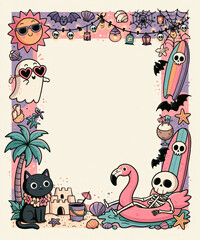 Fototapeta premium Playful Halloween beach frame, cute skeleton float, cartoon ghost, kawaii black cat, pastel spooky summer border, tropical party vibe