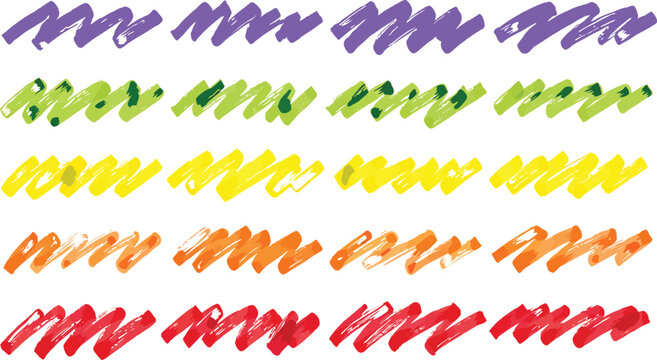 Rainbow scribble lines of purple, green, yellow, orange, and red colors are depicted, resembling highlighter strokes or crayon marks.