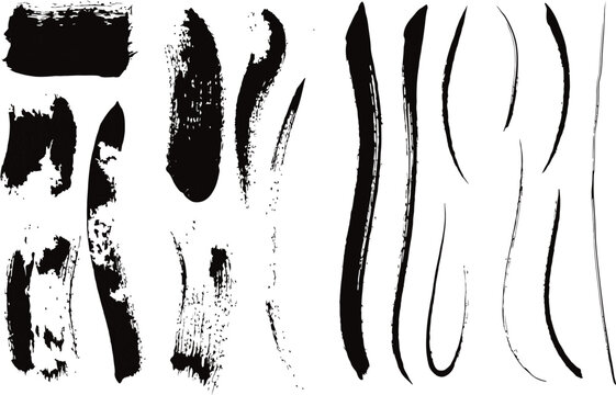 A collection of expressive black ink brush strokes and splatters, ranging from bold, textured marks to delicate, flowing lines, presented against a clean background.