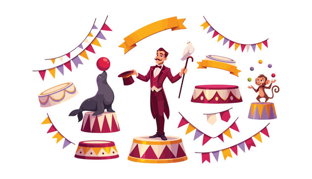 Circus show vector elements pack featuring ringmaster master of ceremonies trained seal juggling monkey stage podiums and colorful bunting garlands
