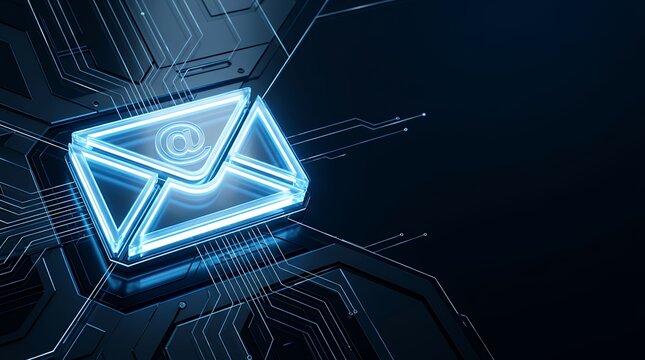 A futuristic 3D render of a glowing email icon on a high-tech background symbolizing digital communication connectivity and modern messaging. glowing e mail icon on a futuristic background 3d render