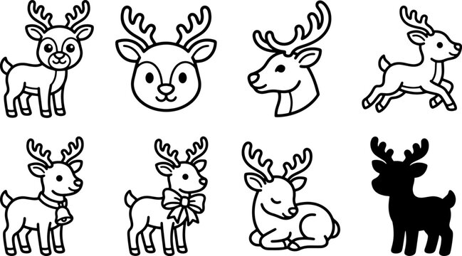 Cute reindeer character line icons collection with bow bell and jumping poses set