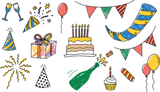 A collection of colorful and festive hand-drawn party elements, including a birthday cake, champagne bottle, party hats, balloons, and confetti, creating a vibrant and joyful celebration atmosphere.