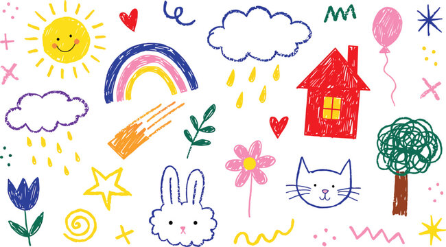 A delightful collection of crayon-style drawings featuring whimsical elements like a smiling sun, a colorful rainbow, fluffy clouds, a charming house, playful hearts.