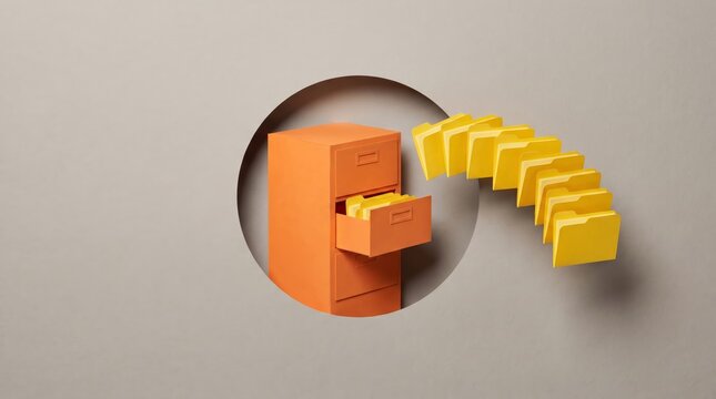 Dynamic visual of paper-cut style filing cabinet and flowing folders representing efficient data organization, digital archiving, and streamlined information management