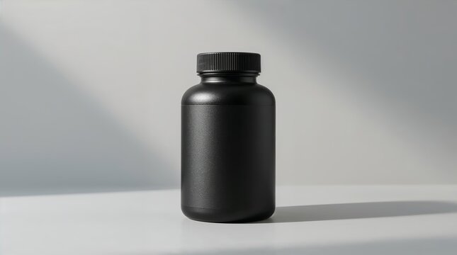 Matte black supplement bottle on clean background, empty product container for branding and packaging mockup