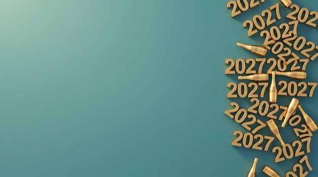 Festive golden numbers and champagne bottles on a blue background for a happy new year 2027 celebration