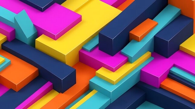 Abstract geometric composition of colorful 3D blocks, dynamic arrangement of vibrant shapes and lines, modern digital art background with bright isometric objects.