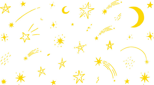 A whimsical collection of hand-drawn yellow stars, crescent moons, and shooting stars scattered across a white background evokes a sense of childlike wonder and celestial magic.