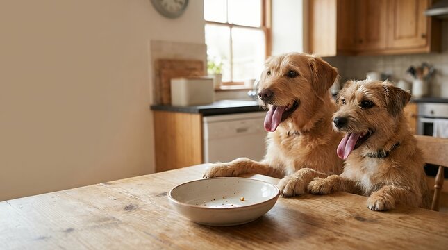 A funny and heartwarming image of two adorable dogs sitting eagerly behind a kitchen table their tongues hanging out in anticipation clearly waiting for some delicious food. The scene captures the