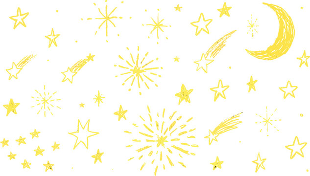 A celestial collection of hand-drawn yellow stars, shooting stars, a crescent moon, and bursts of light fill the frame, evoking a sense of wonder and magical night sky.