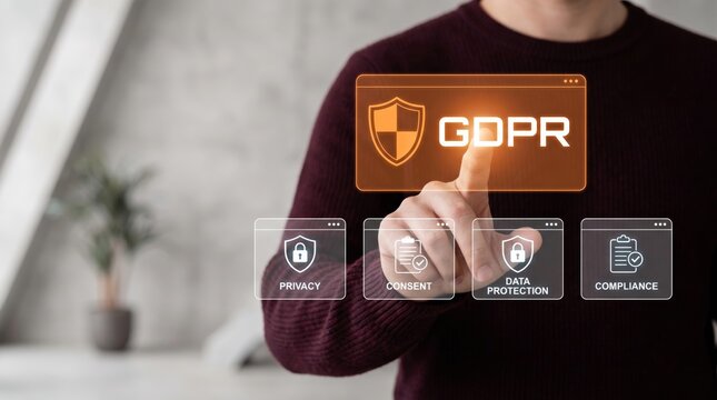 Professional hand interacts with a holographic interface displaying GDPR shield icon, symbolizing global data privacy and regulatory compliance for secure information management in the digital age