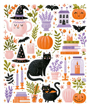 Halloween black cat autumn pumpkin witch hat magic cozy cute illustration cartoon halloween illustration of black cat pumpkin witch hat magic cozy cute cartoon autumn teapot candle and book pattern