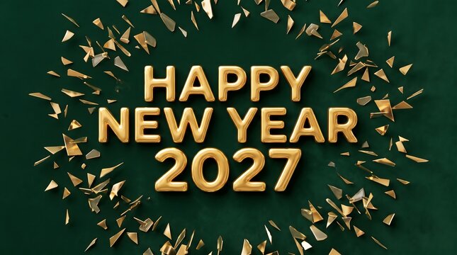 Elegant gold happy new year 2027 greeting card design with festive confetti on a dark green background