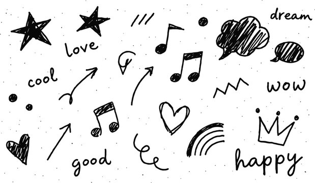 A collection of whimsical hand-drawn doodles, including hearts, stars, music notes, and positive words like love, cool, and happy, create a charming and eclectic artistic composition.
