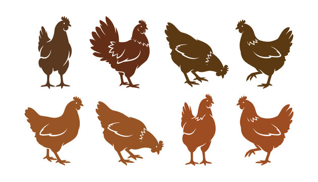 Chicken hen silhouette vector character set for farm market and fresh organic poultry food packaging logo design isolated