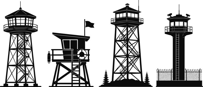 Set of High-Quality Watchtower and Observation Station Silhouettes: Fire Lookout, Lifeguard Stand, Prison Security Tower, and Forest Ranger Station Vector Icons for Graphic Design
