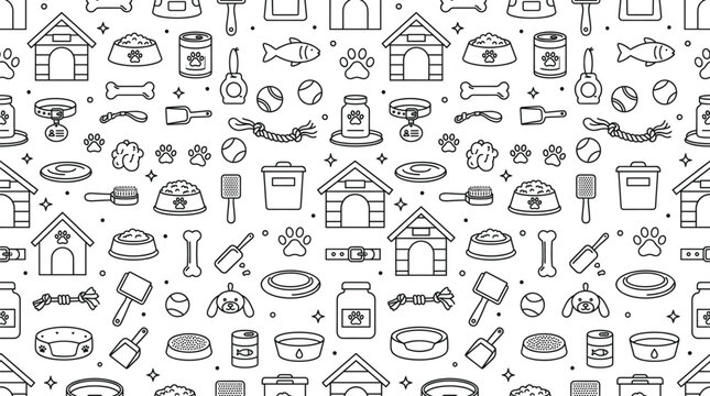 Pet Care Seamless Pattern with Dog House, Food Bowl, Bones, Toys, Grooming Accessories and Veterinary Supplies Vector Background