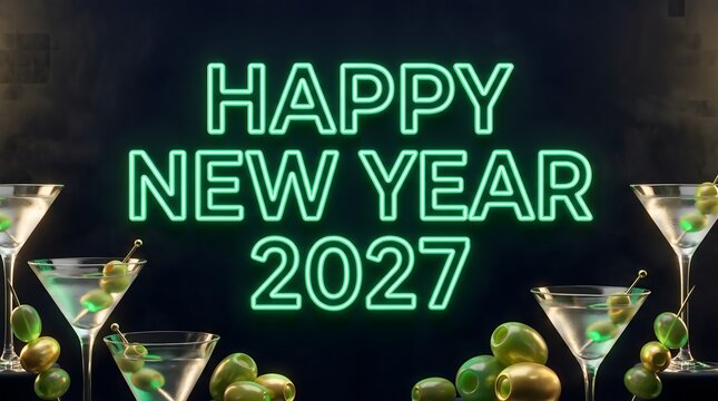 Festive neon sign reading happy new year 2027 displayed above celebratory martini glasses for a holiday party