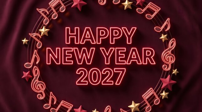 Elegant dark red background featuring glowing neon text for the festive happy new year 2027 celebration