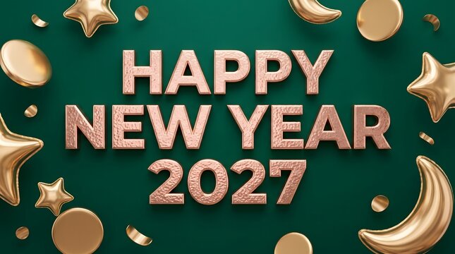 Festive happy new year 2027 greeting card design featuring golden foil balloons on a dark green background