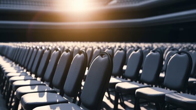 Empty auditorium chairs in rows, sunlight creating long shadows, concept of waiting, anticipation, presentation
