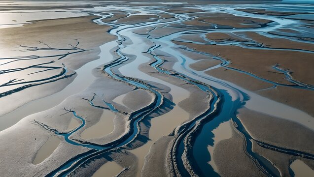 Aerial view of winding tidal channels in sandy mudflats