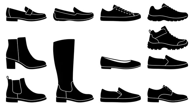 Set of footwear silhouettes vector collection, men and women shoes boots and sneakers icon set isolated on white background
