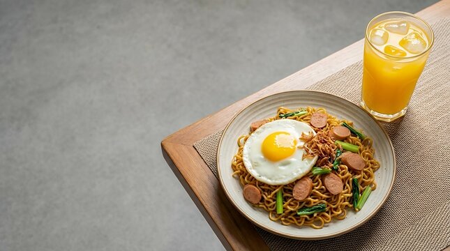 Delicious Mi Goreng Telur fried noodle with egg sausage fried onion and vegetables served with fresh orange iced juice representing Indonesian cuisine and refreshing drink tasty mi goreng telur or
