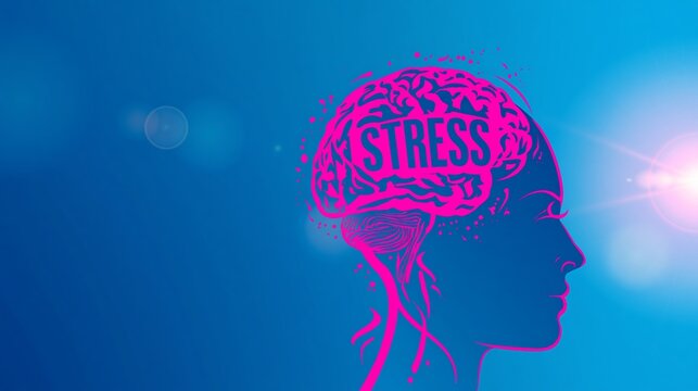 Human head profile with stress text inside a pink brain on blue, representing mental health pressure