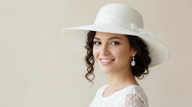 Elegant bride wearing white summer hat with wedding makeup and curly hairstyle fashion model face portrait with crystal earring representing bridal beauty and sophisticated style elegant bride in