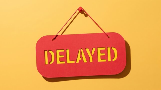 Red hanging sign with delayed text on yellow backdrop for postponement and waiting themes