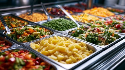 Fototapeta premium Colorful buffet offering a variety of fresh vegetables, potatoes, peas, rice, and salads for a healthy meal