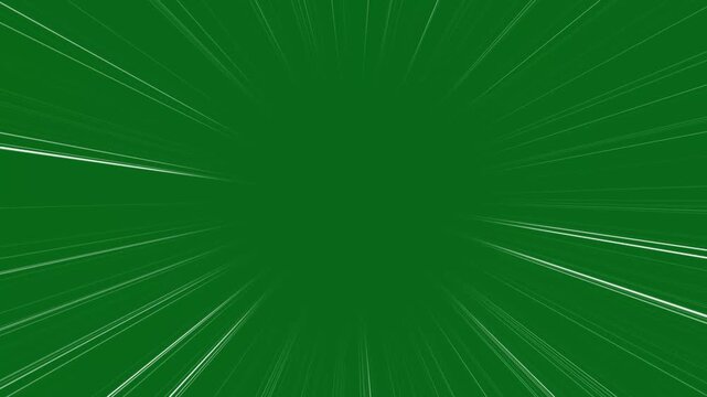 Dynamic fast 2d speed lines isolated on green screen background, anime comic book effects, radial light streaks, action motion animation, white speed lines, attack impact and explosion flash effect.