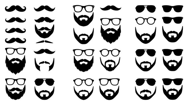 Black Silhouette Facial Hair, Mustache, Beard and Glasses Elements Collection