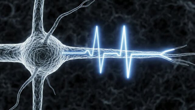 Neuron with a clearly defined axon, a single subtle electrical signal slowly traveling along the axon from the cell body toward the terminal