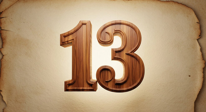 Vintage Wooden Number Thirteen on Aged Parchment