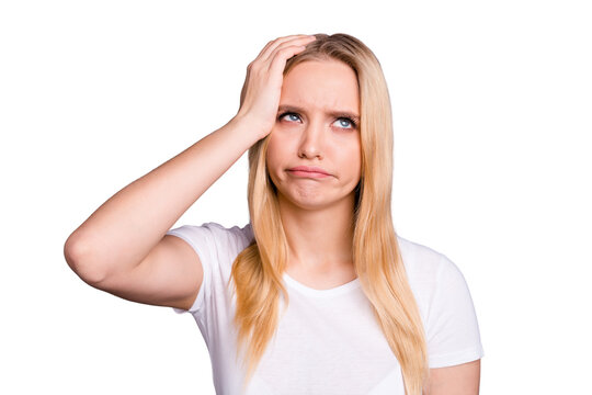 Close up photo beautiful her she lady impolite facial expression do not want listen morals teaching mother mom parents roll eyes up empty space wear casual white t-shirt isolated dark grey background
