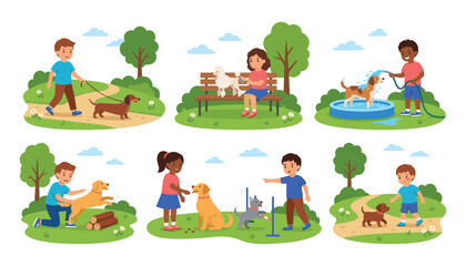 Fototapeta premium Collection of diverse kids training walking bathing and playing with dogs isolated on white background