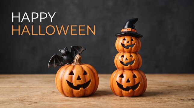Happy Halloween message, Pumpkin on table wood with dark wall background, halloween concept.