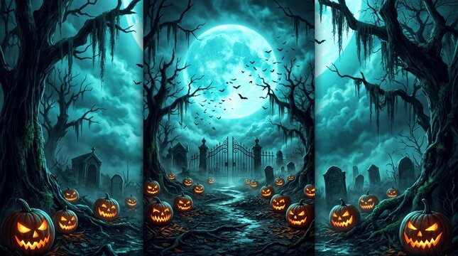 halloween scene horror background with creepy pumpkins of spooky halloween haunted mansion Evil houseat night with full moon |  Generative AI
