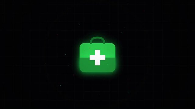 Glowing green medical first aid kit icon vector illustration for health care and emergency safety on dark black background