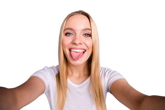 Close up photo charming attractive lovely lady youth teen teenager weekends summer travel make photos content rejoice enjoy childish playful carefree careless modern clothes isolated grey background