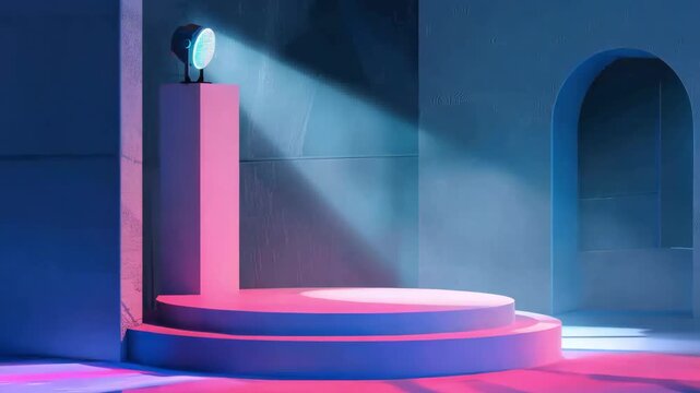 Empty pink podium platform under spotlight in moody blue interior, product display stage, elegant showcase pedestal, minimal presentation scene, luxury design.