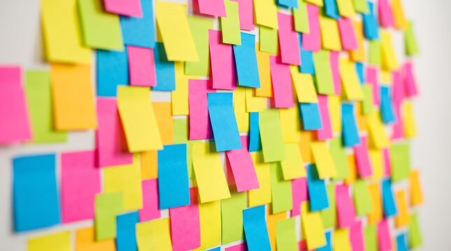 Colorful sticky notes covering a white wall creating a vibrant brainstorming and collaboration background