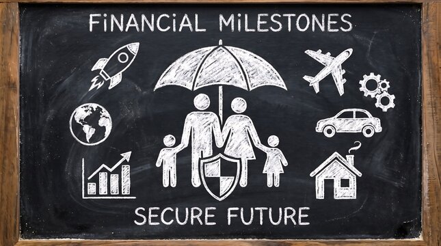 Financial milestones and secure future concept with hand drawn illustrations on a chalkboard background