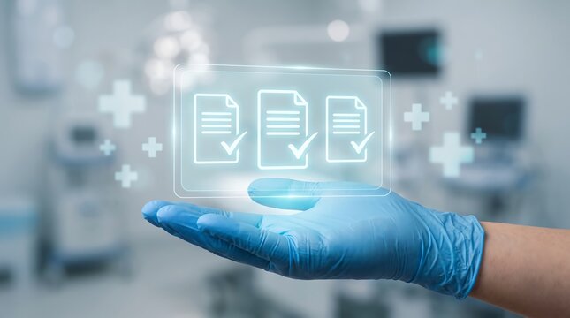 Hand holding a glowing screen displaying document icons with checkmarks in a medical setting