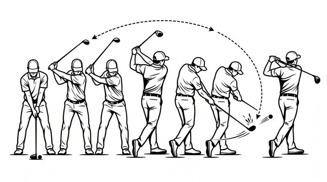 Golf Swing Sequence Line Art Illustration showing Stance Backswing Impact and Follow Through Isolated on White Background