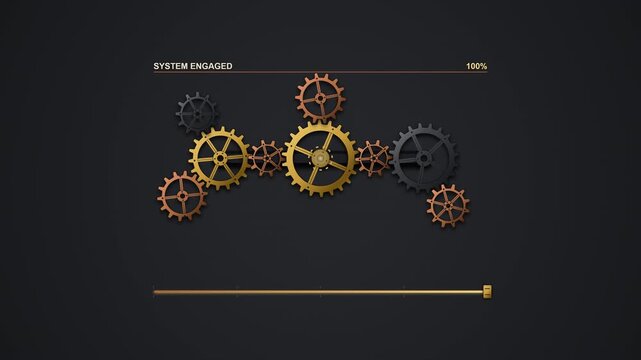 4K Steampunk clockwork loading animation featuring interconnected gears and mechanical movement, representing progress, machinery, engineering, technology, and industrial systems.