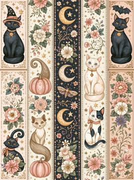 Magic cat floral moon star halloween cat black cat white cat calico cat vintage pattern seamless pattern pumpkin mystical witchcraft charm illustration wallpaper design with whimsical feline